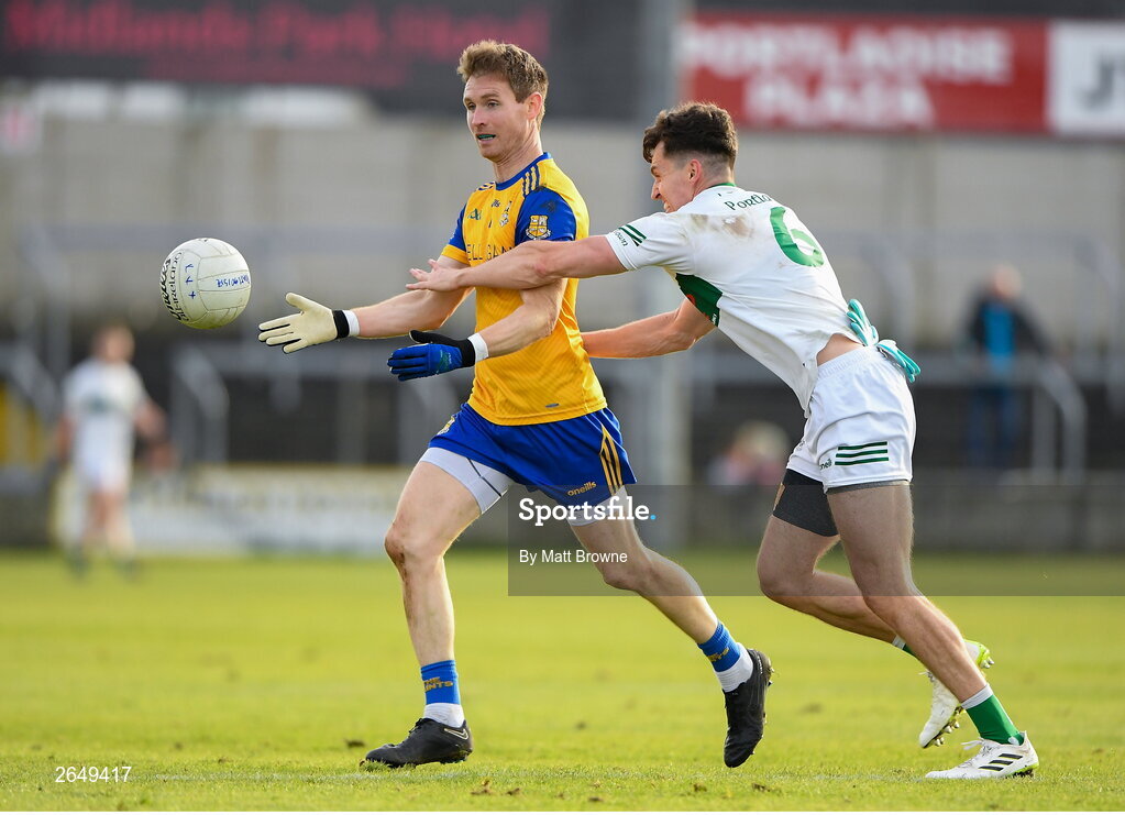 15 October 2023; Eoghan O'Flaherty of St Joseph's in action against David Seale of Portlaoise during the Laois County Senior Club Football Championship final match between St Joseph's and Portlaoise at Laois Hire O'Moore Park in Portlaoise, Laois. Photo by Matt Browne/Sportsfile