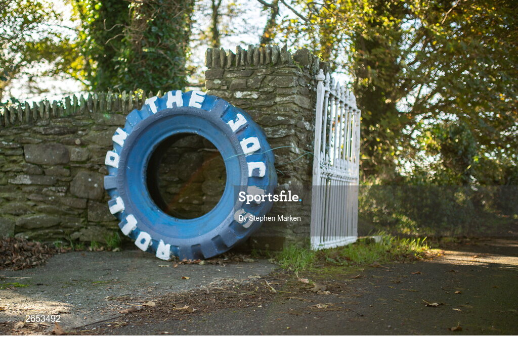22 October 2023; A painted tyre is seen in support of Naomh Mairtin before the Louth County Senior Club Football Championship final between Ardee St Mary's and Naomh Mairtin at Pairc Naomh Bríd in Dowdallshill, Louth. Photo by Stephen Marken/Sportsfile