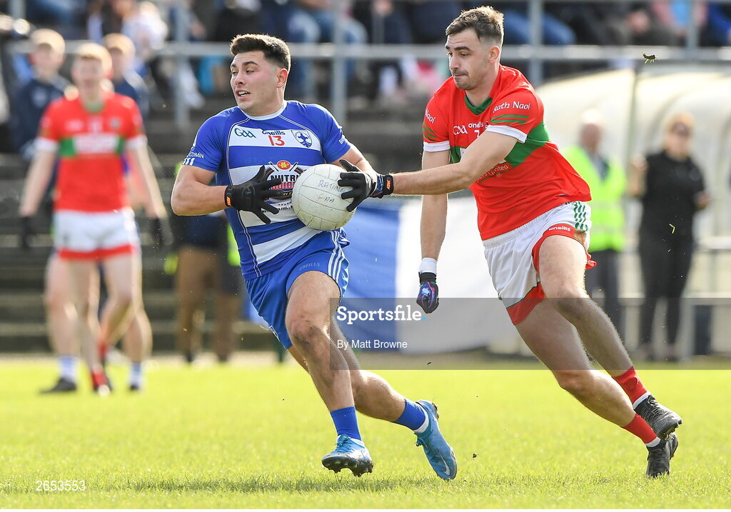 22 October 2023; Dan Silke Fetherson of Blessington in action against Jamie Smell of Rathnew during the Wicklow County Senior Club Football Championship final between Blessington and Rathnew at Echelon Park in Aughrim, Wicklow. Photo by Matt Browne/Sportsfile