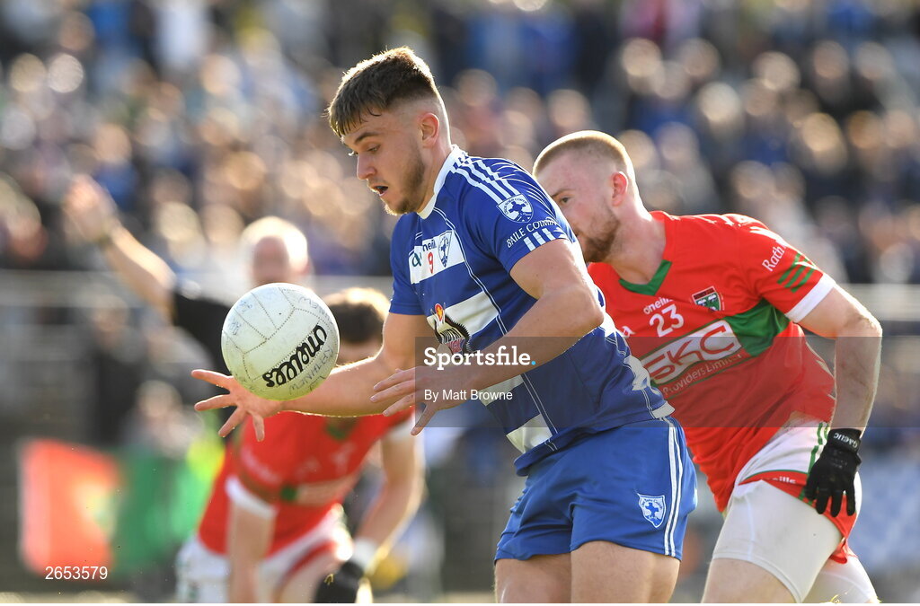 22 October 2023; Dan Cooney of Blessington in action against Fionn O'Sullivan of Rathnew during the Wicklow County Senior Club Football Championship final between Blessington and Rathnew at Echelon Park in Aughrim, Wicklow. Photo by Matt Browne/Sportsfile