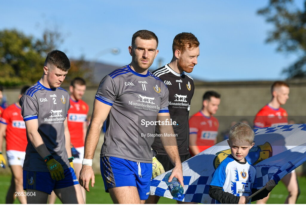 22 October 2023; Sam Mulroy of Naomh Mairtin, centre, before during the Louth County Senior Club Football Championship final between Ardee St Mary's and Naomh Mairtin at Pairc Naomh Bríd in Dowdallshill, Louth. Photo by Stephen Marken/Sportsfile