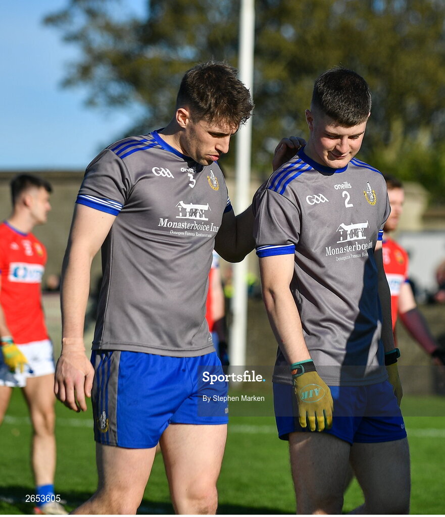 22 October 2023; Thomas O'Sullivan, left, and Tadhg O'Brien of Naomh Mairtin before the Louth County Senior Club Football Championship final between Ardee St Mary's and Naomh Mairtin at Pairc Naomh Bríd in Dowdallshill, Louth. Photo by Stephen Marken/Sportsfile