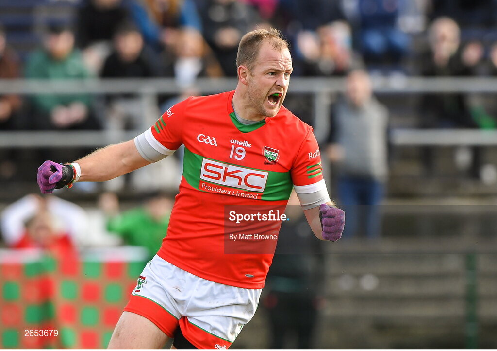 22 October 2023; James Stafford of Rathnew celebrates after scoring a goal during the Wicklow County Senior Club Football Championship final between Blessington and Rathnew at Echelon Park in Aughrim, Wicklow. Photo by Matt Browne/Sportsfile