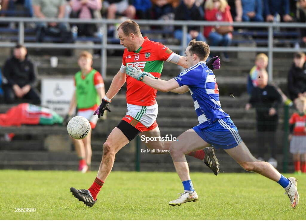 22 October 2023; James Stafford of Rathnew in action against Aaron Curran of Blessington during the Wicklow County Senior Club Football Championship final between Blessington and Rathnew at Echelon Park in Aughrim, Wicklow. Photo by Matt Browne/Sportsfile