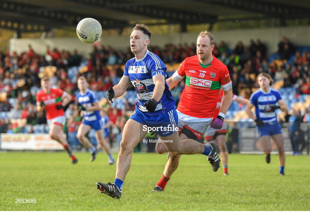 22 October 2023; Jack Gilligan of Blessington in action against James Stafford of Rathnew during the Wicklow County Senior Club Football Championship final between Blessington and Rathnew at Echelon Park in Aughrim, Wicklow. Photo by Matt Browne/Sportsfile