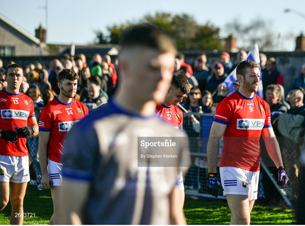 22 October 2023; Robert Leavy of Ardee St Mary's, right, before the Louth County Senior Club Football Championship final between Ardee St Mary's and Naomh Mairtin at Pairc Naomh Bríd in Dowdallshill, Louth. Photo by Stephen Marken/Sportsfile