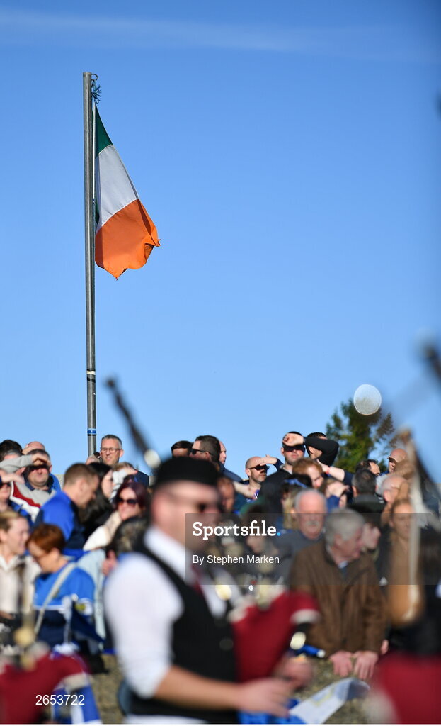 22 October 2023; The Irish Tri-Colour is seen before the Louth County Senior Club Football Championship final between Ardee St Mary's and Naomh Mairtin at Pairc Naomh Bríd in Dowdallshill, Louth. Photo by Stephen Marken/Sportsfile
