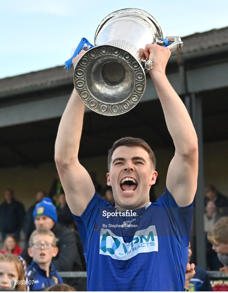 22 October 2023; Ardee St Mary's captain Dáire McConnon lifts the Joe Ward Cup after the Louth County Senior Club Football Championship final between Ardee St Mary's and Naomh Mairtin at Pairc Naomh Bríd in Dowdallshill, Louth. Photo by Stephen Marken/Sportsfile