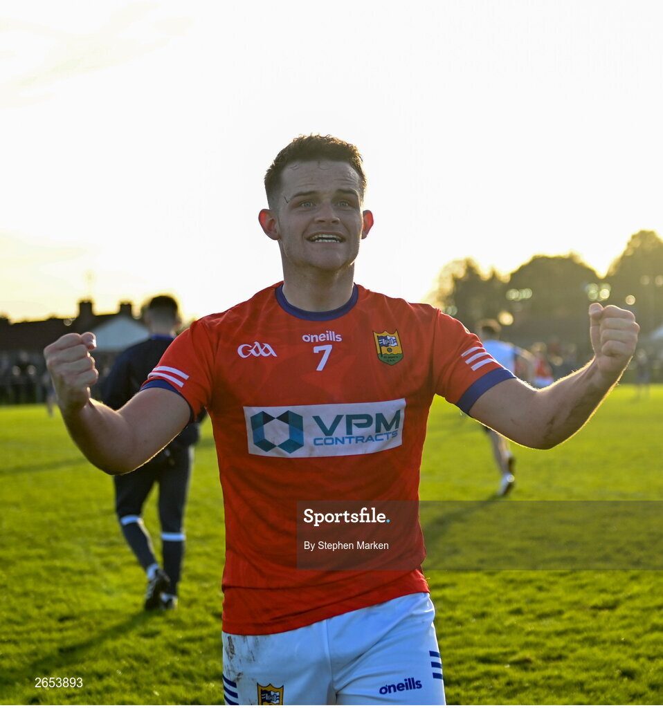 22 October 2023; Carl Gillespie of Ardee St Mary's celebrates after his side's victory in the Louth County Senior Club Football Championship final between Ardee St Mary's and Naomh Mairtin at Pairc Naomh Bríd in Dowdallshill, Louth. Photo by Stephen Marken/Sportsfile
