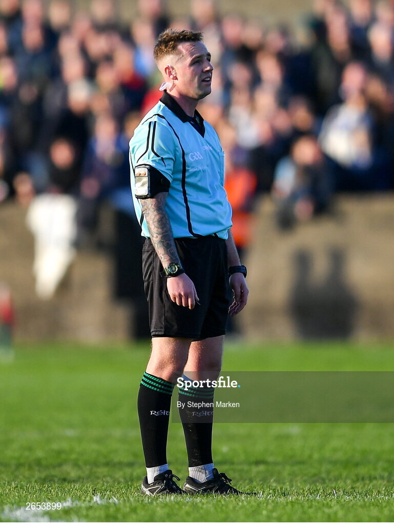 22 October 2023; Referee Colm McCullough  during the Louth County Senior Club Football Championship final between Ardee St Mary's and Naomh Mairtin at Pairc Naomh Bríd in Dowdallshill, Louth. Photo by Stephen Marken/Sportsfile