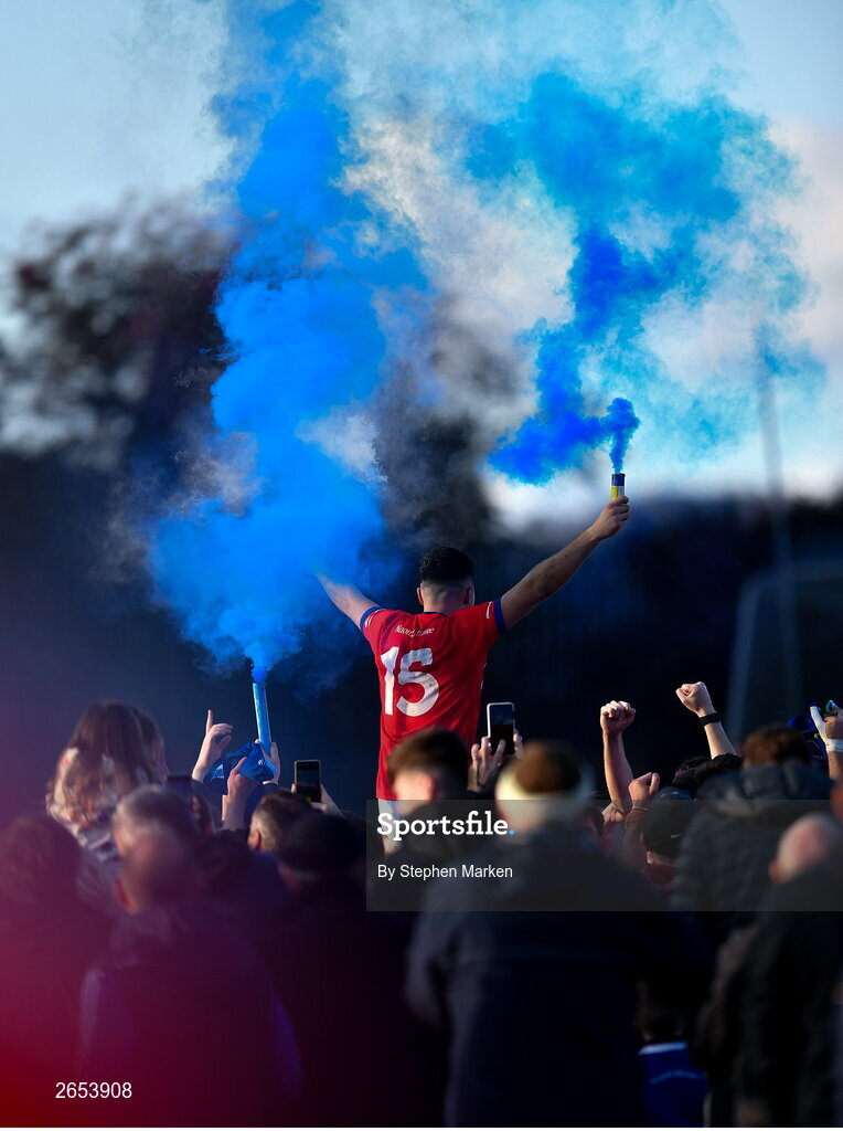 22 October 2023; Tom Jackson of Ardee St. Mary's is held aloft after his side's victory in the Louth County Senior Club Football Championship final between Ardee St Mary's and Naomh Mairtin at Pairc Naomh Bríd in Dowdallshill, Louth. Photo by Stephen Marken/Sportsfile
