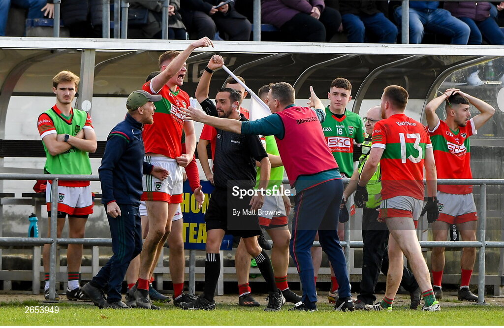 22 October 2023; Linesman Stephen Fagan with Rathnew manager Darren Coffey and backroom staff during the Wicklow County Senior Club Football Championship final between Blessington and Rathnew at Echelon Park in Aughrim, Wicklow. Photo by Matt Browne/Sportsfile