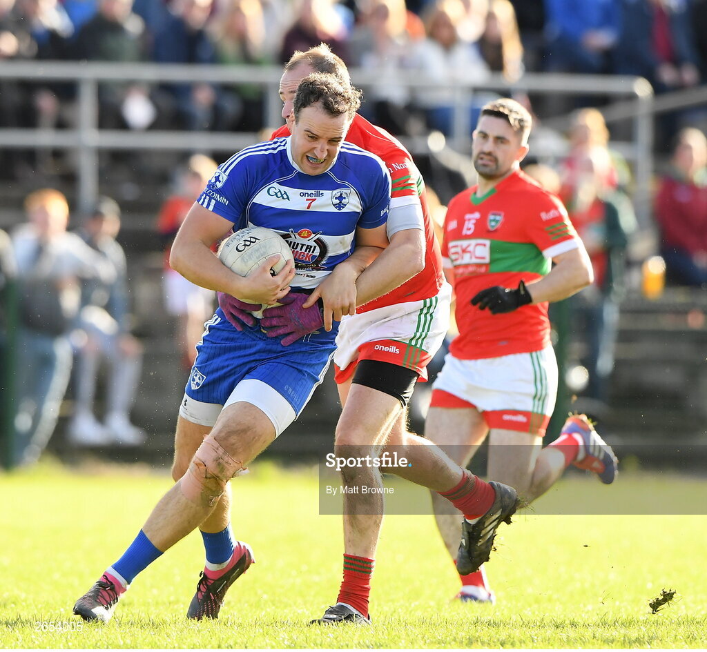 22 October 2023; Paul McLoughlin of Blessington in action against James Stafford of Rathnew during the Wicklow County Senior Club Football Championship final between Blessington and Rathnew at Echelon Park in Aughrim, Wicklow. Photo by Matt Browne/Sportsfile