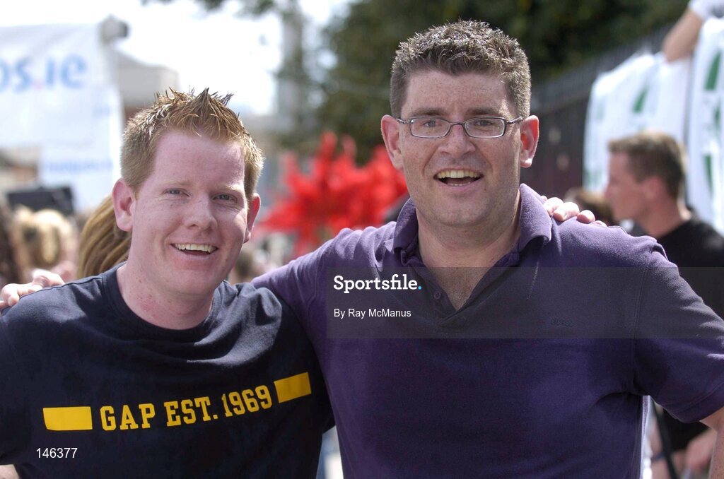 29 May 2004; Brian Mac Cann, left, Castleknock, Co. Dublin, and Liam O'Farrell, Sallins, Co. Kildare, after the 10k Calcutta Run, a race in aid of GOAL and the Arrupe Society for homeless children in Calcutta and Dublin. Law Society of Ireland, Blackhall Place, Dublin. Picture credit; Ray McManus / SPORTSFILE