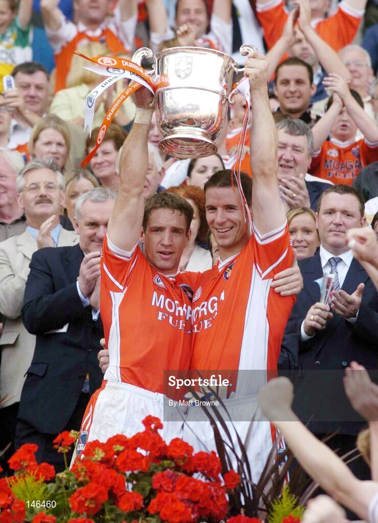 11 July 2004; Kieran McGeeney, left, Armagh captain, and Paul McGrane lift the cup after the victory over Donegal. Bank of Ireland Ulster Senior Football Championship Final, Armagh v Donegal, Croke Park, Dublin. Picture credit; Matt Browne / SPORTSFILE
