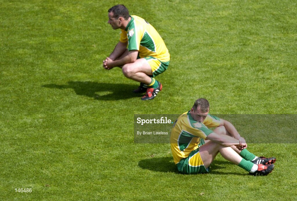 11 July 2004; Donegal's Barry Monaghan, right, and team-mate Shane Carr show their disappointment after defeat to Armagh. Bank of Ireland Ulster Senior Football Championship Final, Armagh v Donegal, Croke Park, Dublin. Picture credit; Brian Lawless / SPORTSFILE