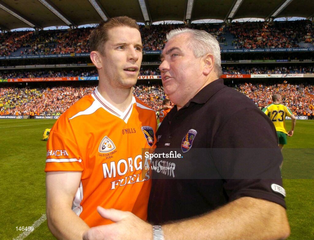 11 July 2004; Paul McGrane, Armagh, and his manager Joe Kernan pictured after victory over Donegal. Bank of Ireland Ulster Senior Football Championship Final, Armagh v Donegal, Croke Park, Dublin. Picture credit; Matt Browne / SPORTSFILE