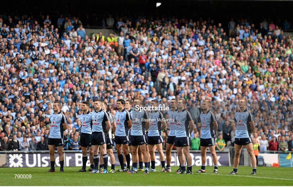 1 September 2013; The Dublin team during the National Anthem. GAA Football All-Ireland Senior Championship, Semi-Final, Dublin v Kerry, Croke Park, Dublin. Picture credit: Stephen McCarthy / SPORTSFILE