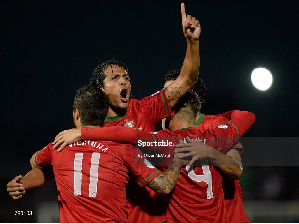 6 September 2013; Bruno Alves, Portugal, celebrates with Vieirinha and Miguel after scoring their side's first goal. 2014 FIFA World Cup Qualifier, Group F, Northern Ireland v Portugal, Windsor Park, Belfast.  Picture credit: Oliver McVeigh / SPORTSFILE