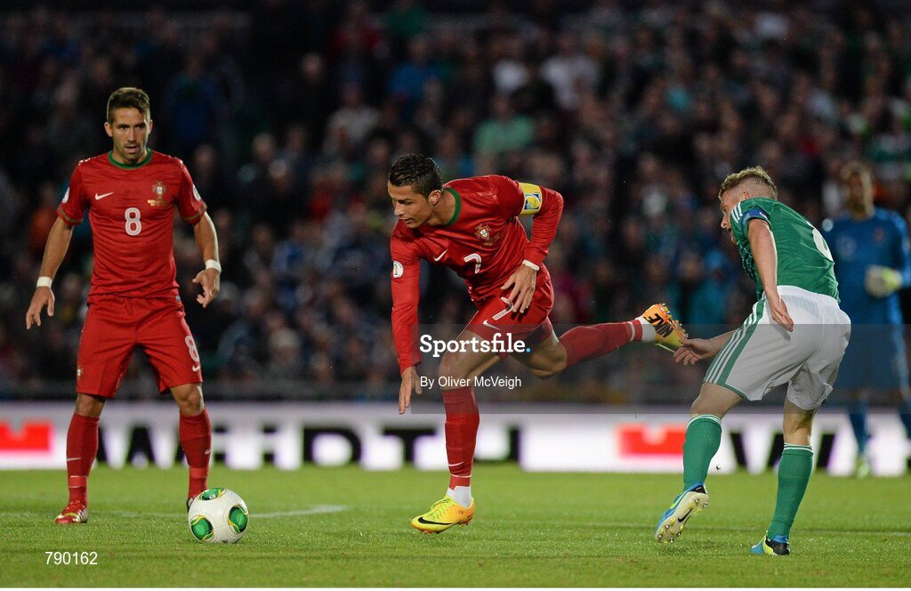 6 September 2013; Christano Ronaldo, Portugal, in action against Steven Davis, Northern Ireland. 2014 FIFA World Cup Qualifier, Group F, Northern Ireland v Portugal, Windsor Park, Belfast.  Picture credit: Oliver McVeigh / SPORTSFILE