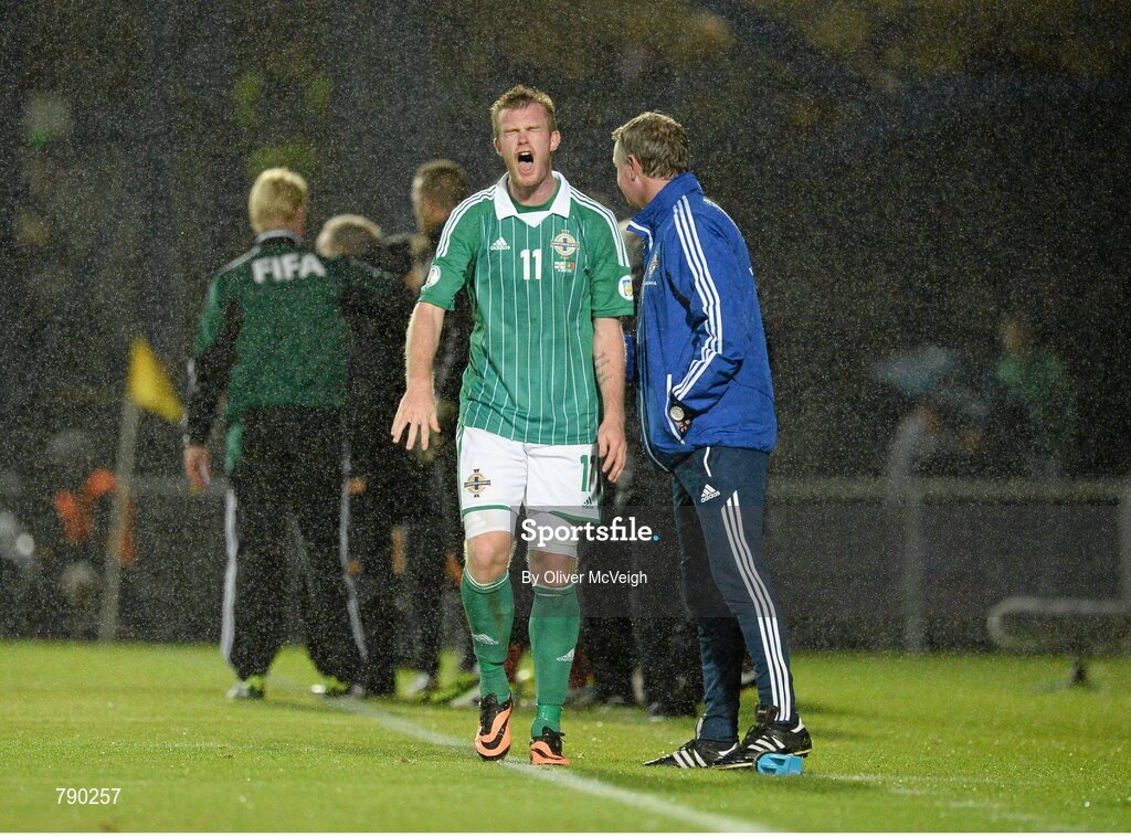 6 September 2013; Chris Brunt, Northern Ireland, reacts after being sent off, as he walks past manager Michael O'Neill. 2014 FIFA World Cup Qualifier, Group F, Northern Ireland v Portugal, Windsor Park, Belfast.  Picture credit: Oliver McVeigh / SPORTSFILE