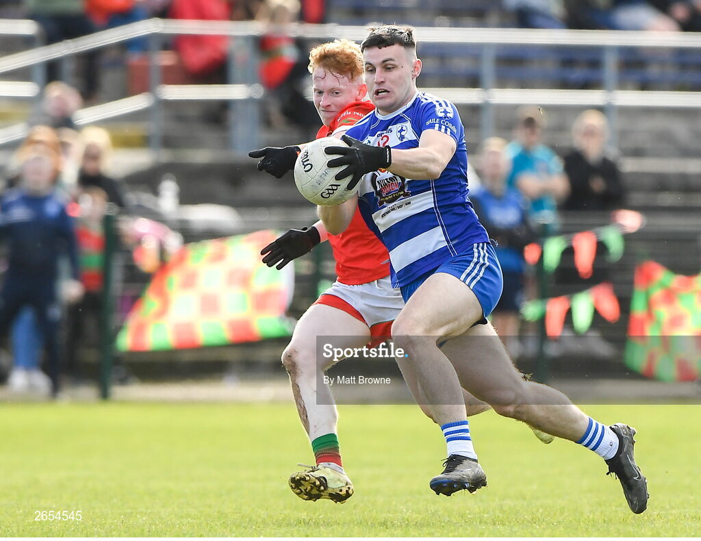 22 October 2023; Jordan McGarr of Blessington in action against Adam Byrne of Rathnew during the Wicklow County Senior Club Football Championship final between Blessington and Rathnew at Echelon Park in Aughrim, Wicklow. Photo by Matt Browne/Sportsfile