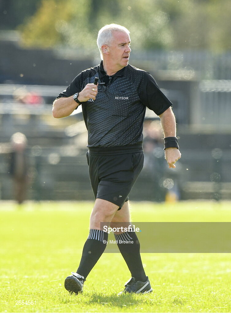 22 October 2023; Referee Keron Kenny during the Wicklow County Senior Club Football Championship final between Blessington and Rathnew at Echelon Park in Aughrim, Wicklow. Photo by Matt Browne/Sportsfile
