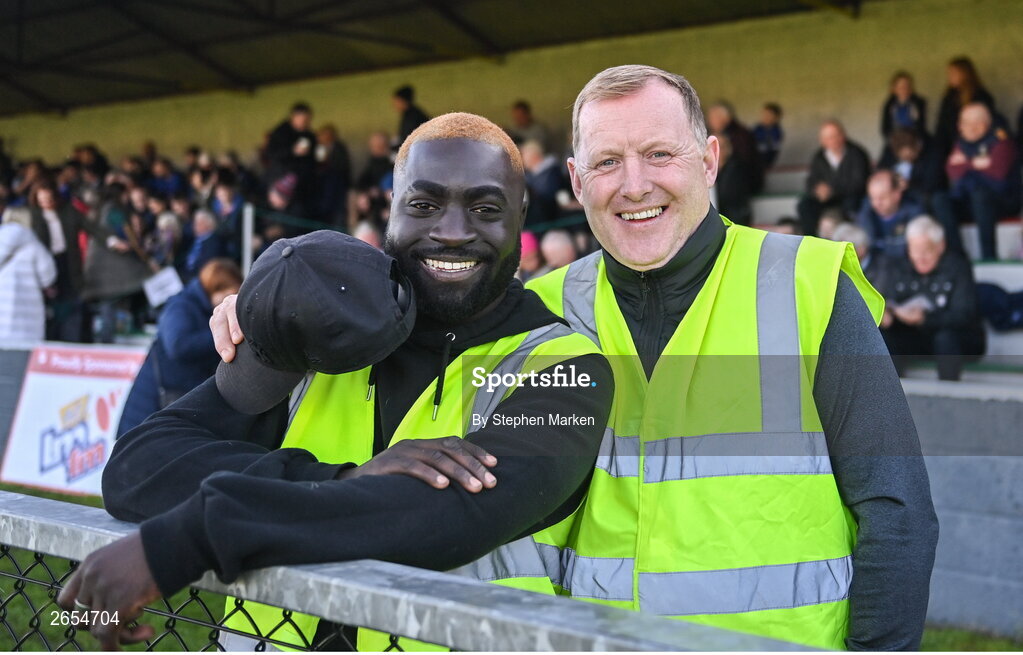 22 October 2023; Ridwan Bodunrin, left, and Ciaran O'Callaghan before the Louth County Senior Club Football Championship final between Ardee St Mary's and Naomh Mairtin at Pairc Naomh Bríd in Dowdallshill, Louth. Photo by Stephen Marken/Sportsfile