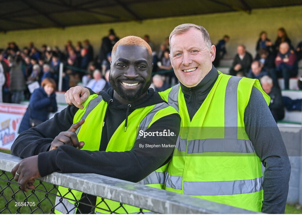 22 October 2023; Ridwan Bodunrin, left, and Ciaran O'Callaghan before the Louth County Senior Club Football Championship final between Ardee St Mary's and Naomh Mairtin at Pairc Naomh Bríd in Dowdallshill, Louth. Photo by Stephen Marken/Sportsfile