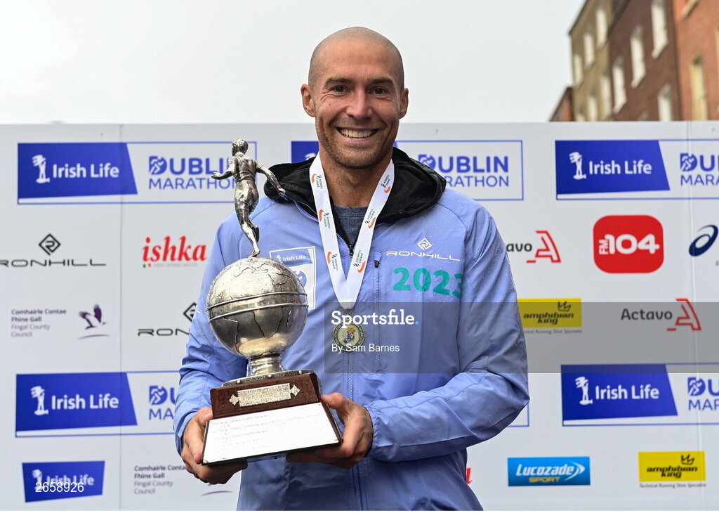 29 October 2023; Irish National Champion and Men's third place Stephen Scullion after the 2023 Irish Life Dublin Marathon. Thousands of runners took to the Fitzwilliam Square start line, to participate in the 42nd running of the Dublin Marathon. Photo by Sam Barnes/Sportsfile