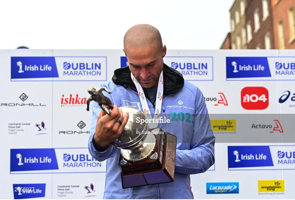 29 October 2023; Irish National Champion and Men's third place Stephen Scullion after the 2023 Irish Life Dublin Marathon. Thousands of runners took to the Fitzwilliam Square start line, to participate in the 42nd running of the Dublin Marathon. Photo by Sam Barnes/Sportsfile