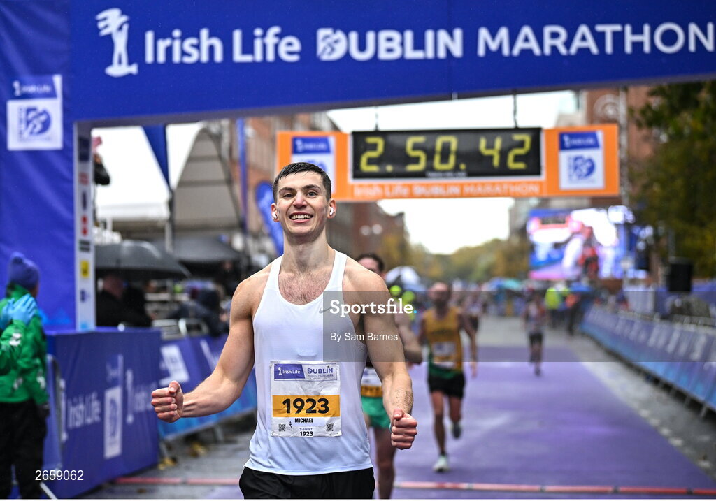 29 October 2023; Michael Boland from Dublin 15 after the 2023 Irish Life Dublin Marathon. Thousands of runners took to the Fitzwilliam Square start line, to participate in the 42nd running of the Dublin Marathon. Photo by Sam Barnes/Sportsfile