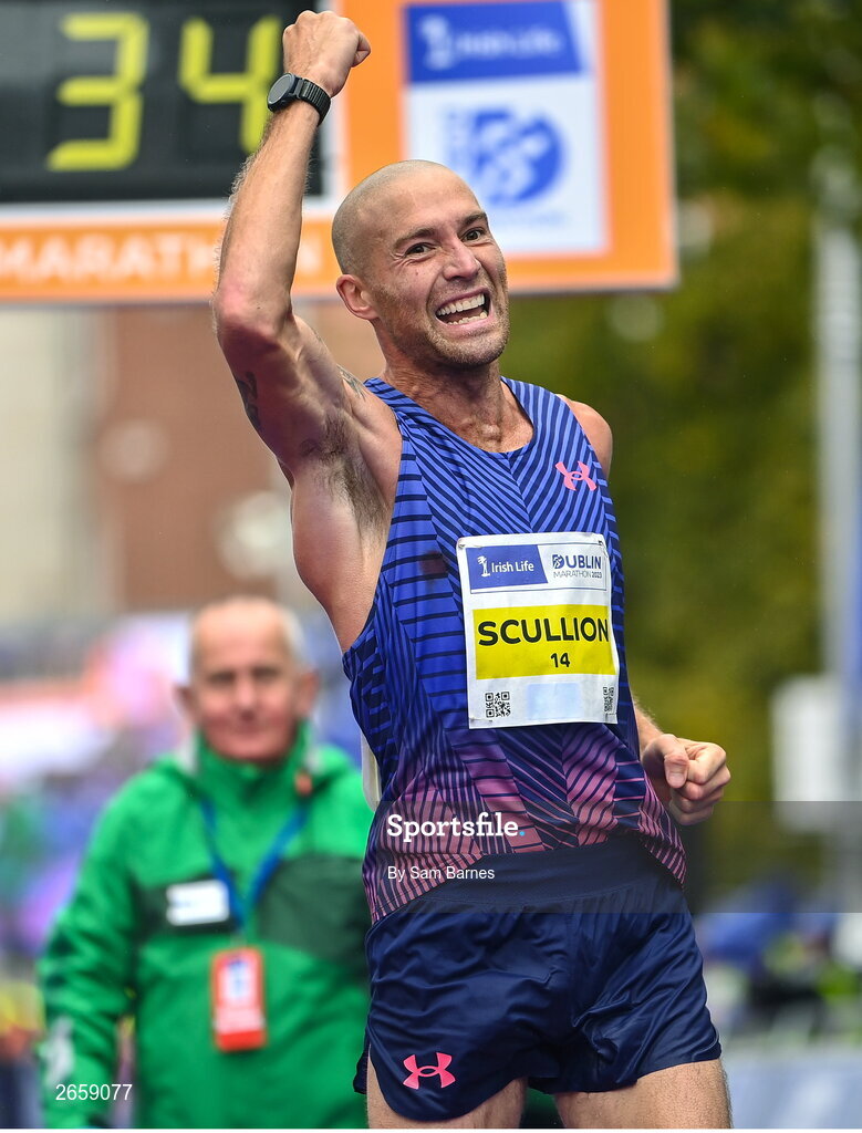 29 October 2023; Irish National Champion Stephen Scullion celebrates after the 2023 Irish Life Dublin Marathon. Thousands of runners took to the Fitzwilliam Square start line, to participate in the 42nd running of the Dublin Marathon. Photo by Sam Barnes/Sportsfile
