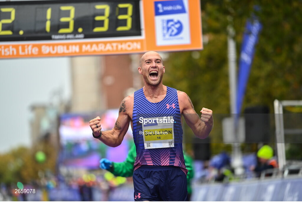 29 October 2023; Irish National Champion Stephen Scullion celebrates after the 2023 Irish Life Dublin Marathon. Thousands of runners took to the Fitzwilliam Square start line, to participate in the 42nd running of the Dublin Marathon. Photo by Sam Barnes/Sportsfile
