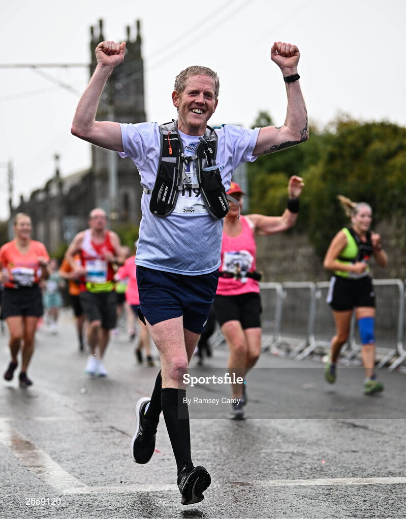 29 October 2023; Alan T Calvin during the 2023 Irish Life Dublin Marathon. Thousands of runners took to the Fitzwilliam Square start line, to participate in the 42nd running of the Dublin Marathon. Photo by Ramsey Cardy/Sportsfile