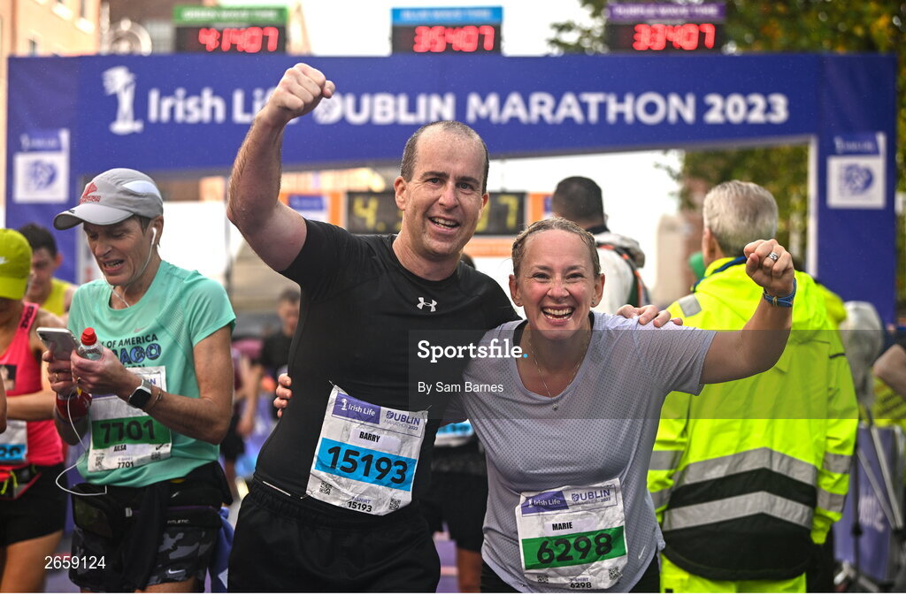 29 October 2023; Barry and Marie Moloney from Clare after the 2023 Irish Life Dublin Marathon. Thousands of runners took to the Fitzwilliam Square start line, to participate in the 42nd running of the Dublin Marathon. Photo by Sam Barnes/Sportsfile