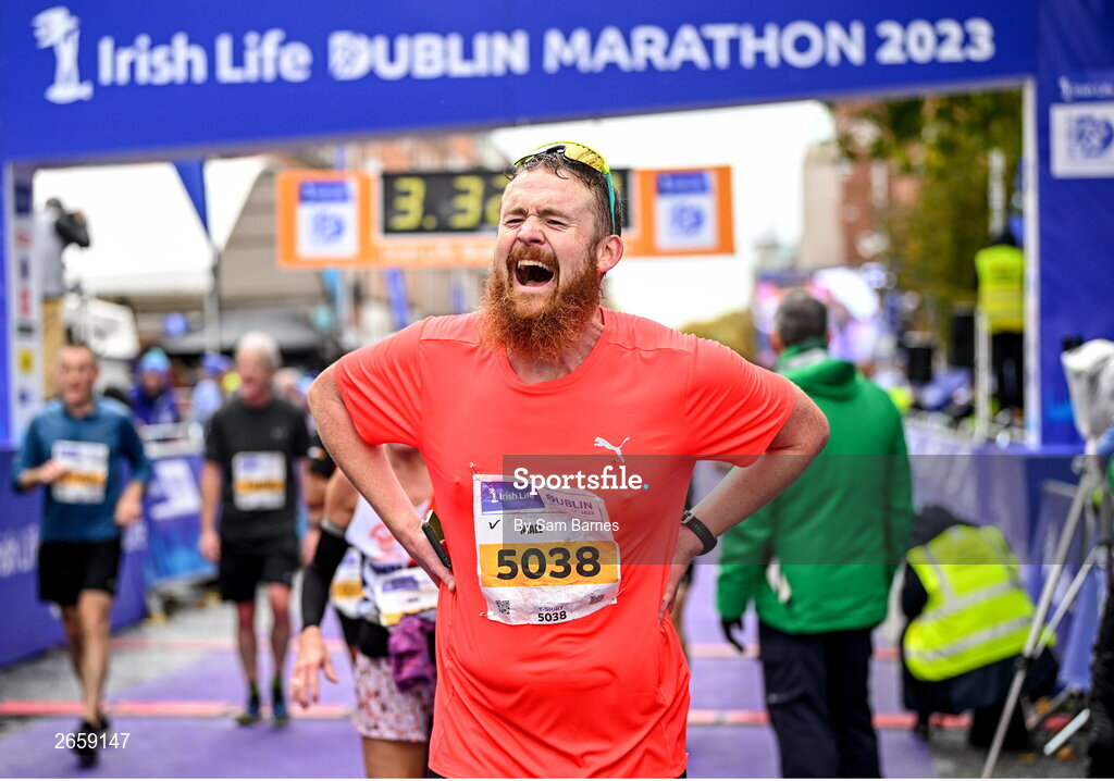 29 October 2023; Niall Conway from Dublin after the 2023 Irish Life Dublin Marathon. Thousands of runners took to the Fitzwilliam Square start line, to participate in the 42nd running of the Dublin Marathon. Photo by Sam Barnes/Sportsfile