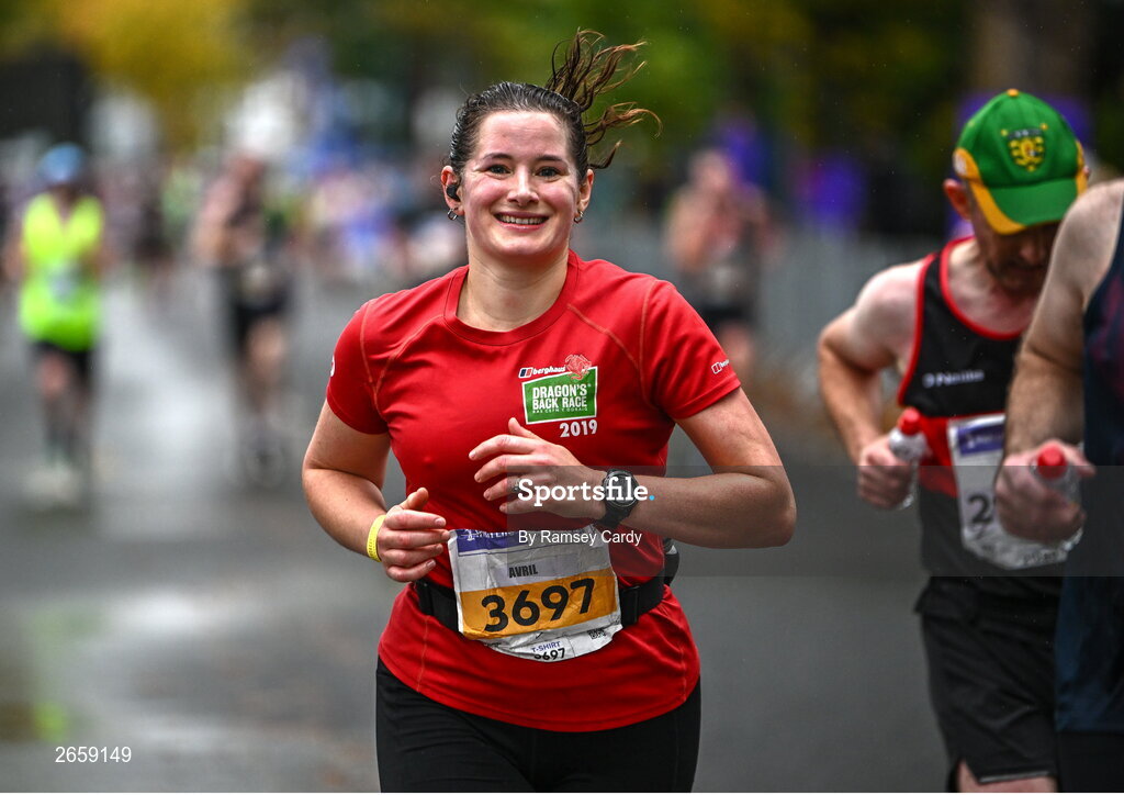 29 October 2023; Avril Challoner from Dublin during the 2023 Irish Life Dublin Marathon. Thousands of runners took to the Fitzwilliam Square start line, to participate in the 42nd running of the Dublin Marathon. Photo by Ramsey Cardy/Sportsfile