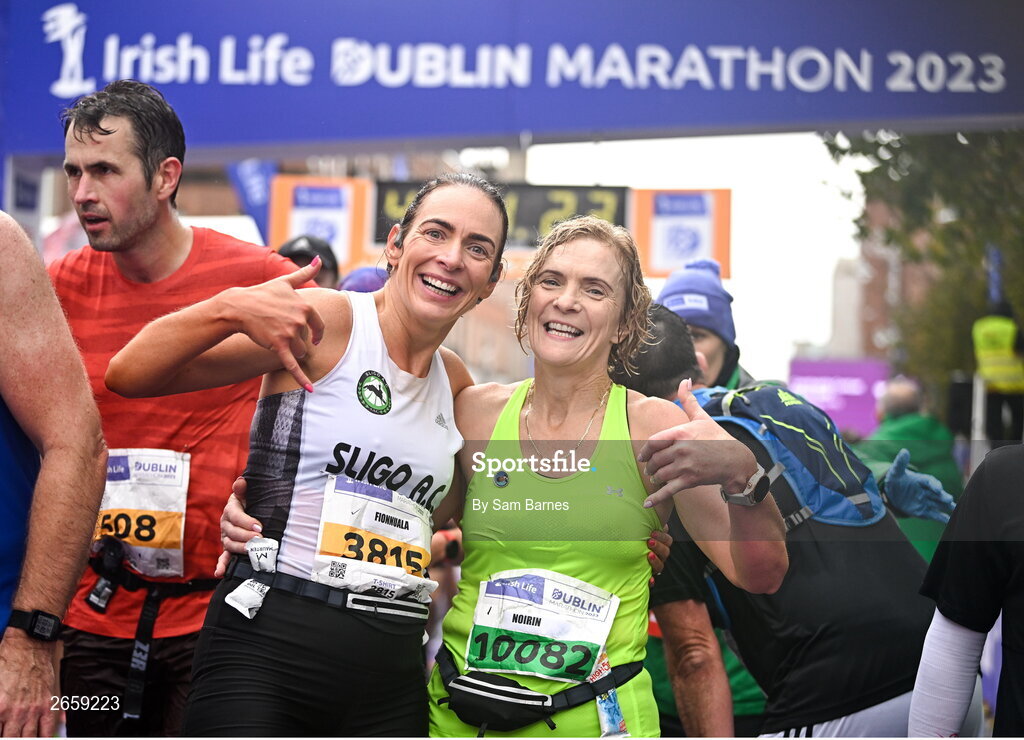 29 October 2023; Fionnuala O' Connell from Sligo and Noirin Kelly from Sligo after the 2023 Irish Life Dublin Marathon. Thousands of runners took to the Fitzwilliam Square start line, to participate in the 42nd running of the Dublin Marathon. Photo by Sam Barnes/Sportsfile