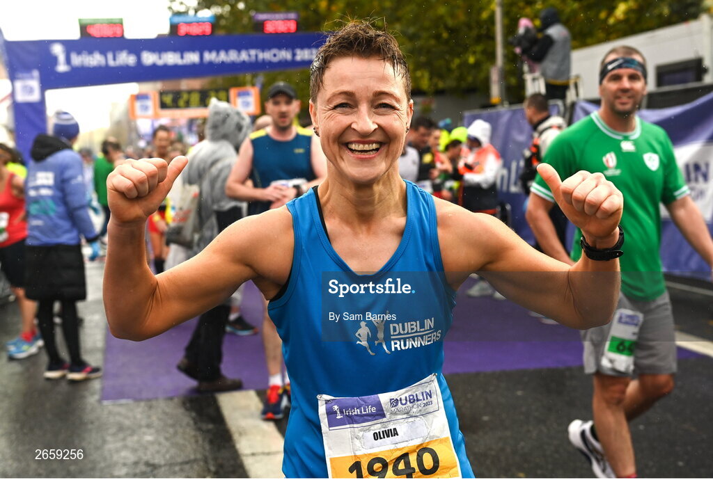 29 October 2023; Olivia Daly from Meath after the 2023 Irish Life Dublin Marathon. Thousands of runners took to the Fitzwilliam Square start line, to participate in the 42nd running of the Dublin Marathon. Photo by Sam Barnes/Sportsfile