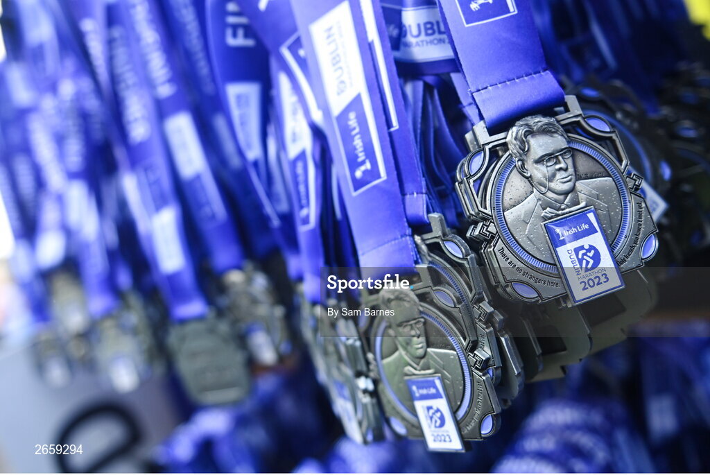 29 October 2023; A general view of finisher medals after the 2023 Irish Life Dublin Marathon. Thousands of runners took to the Fitzwilliam Square start line, to participate in the 42nd running of the Dublin Marathon. Photo by Sam Barnes/Sportsfile