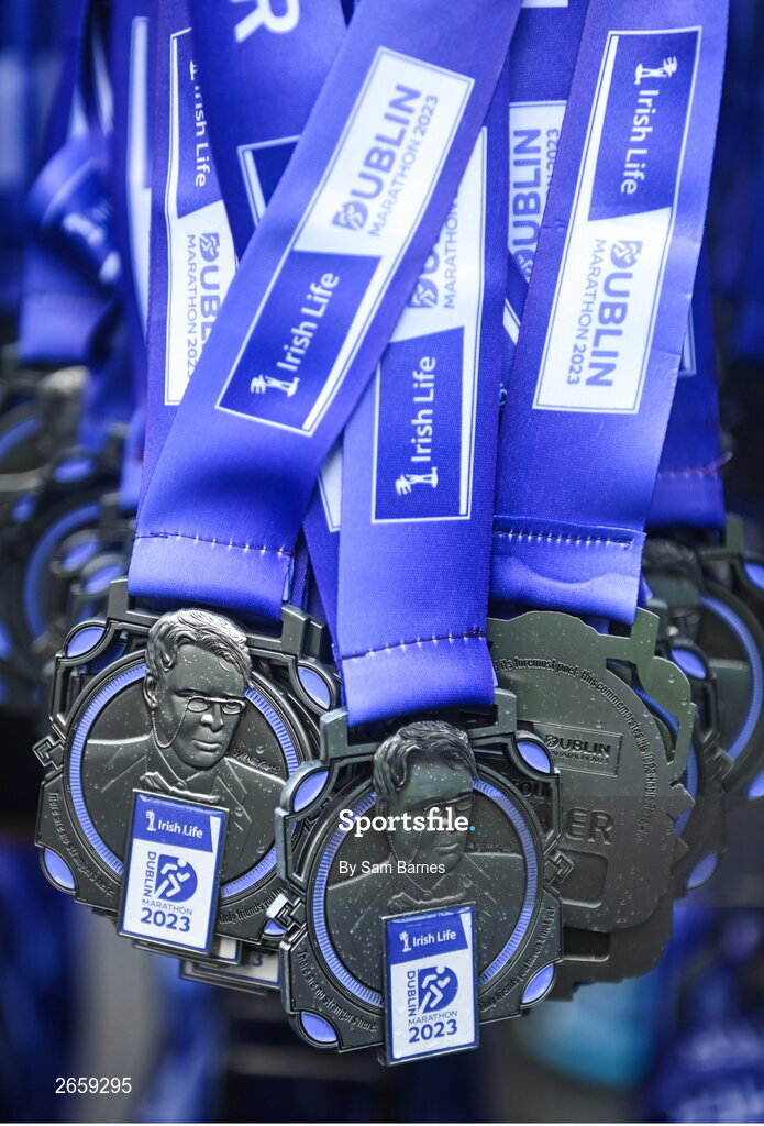 29 October 2023; A general view of finisher medals after the 2023 Irish Life Dublin Marathon. Thousands of runners took to the Fitzwilliam Square start line, to participate in the 42nd running of the Dublin Marathon. Photo by Sam Barnes/Sportsfile