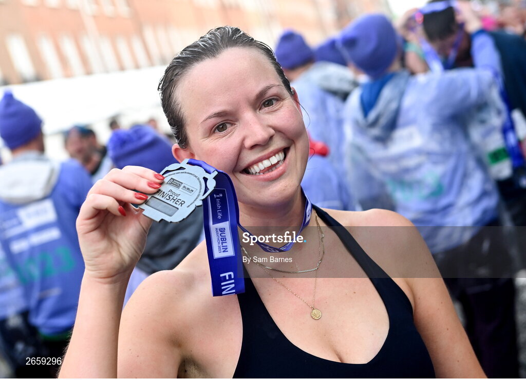 29 October 2023; Leah Elsted from Waterford after collecting her medal for the 2023 Irish Life Dublin Marathon. Thousands of runners took to the Fitzwilliam Square start line, to participate in the 42nd running of the Dublin Marathon. Photo by Sam Barnes/Sportsfile