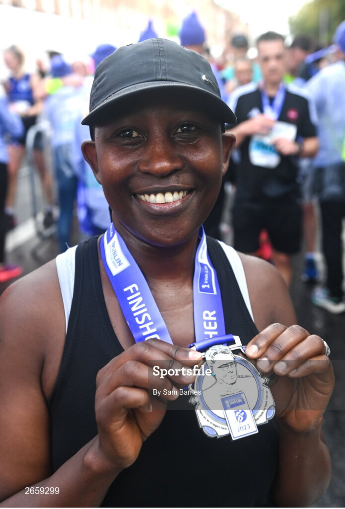 29 October 2023; Norah Kobusingye with her medal after the 2023 Irish Life Dublin Marathon. Thousands of runners took to the Fitzwilliam Square start line, to participate in the 42nd running of the Dublin Marathon. Photo by Sam Barnes/Sportsfile