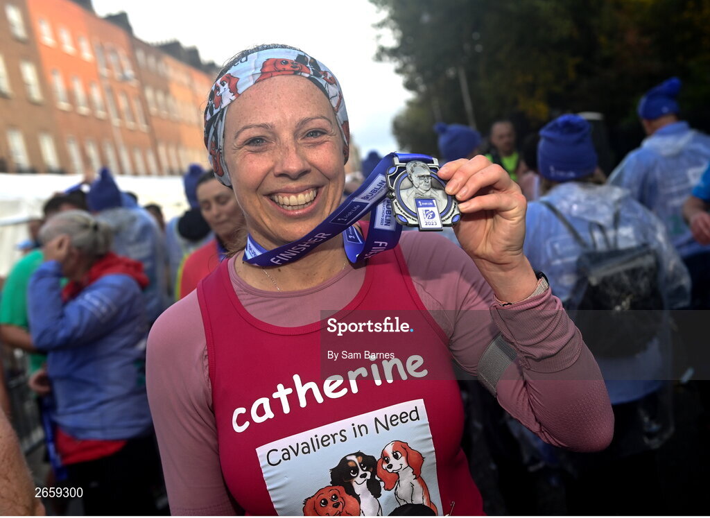 29 October 2023; Catherine Boyd with her medal after the 2023 Irish Life Dublin Marathon. Thousands of runners took to the Fitzwilliam Square start line, to participate in the 42nd running of the Dublin Marathon. Photo by Sam Barnes/Sportsfile