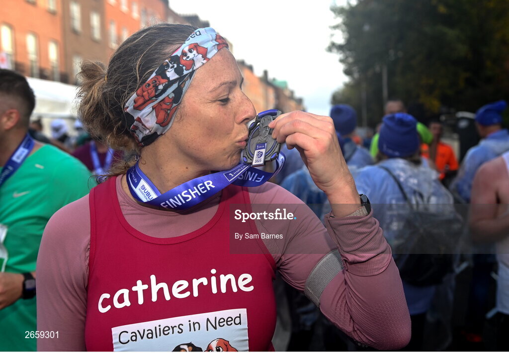 29 October 2023; Catherine Boyd with her medal after the 2023 Irish Life Dublin Marathon. Thousands of runners took to the Fitzwilliam Square start line, to participate in the 42nd running of the Dublin Marathon. Photo by Sam Barnes/Sportsfile