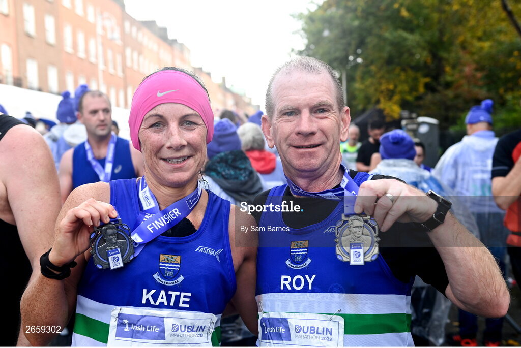 29 October 2023; Kathryn Moonan and Roy Crawley from Louth with their medals after the 2023 Irish Life Dublin Marathon. Thousands of runners took to the Fitzwilliam Square start line, to participate in the 42nd running of the Dublin Marathon. Photo by Sam Barnes/Sportsfile