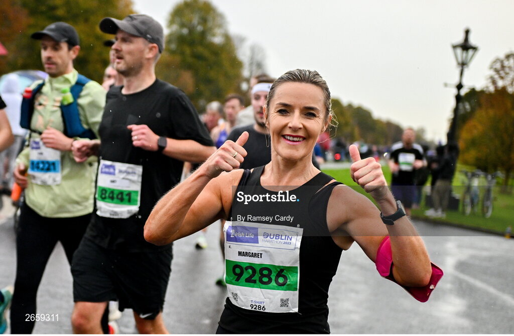 29 October 2023; Margaret Dooley from Tipperary during the 2023 Irish Life Dublin Marathon. Thousands of runners took to the Fitzwilliam Square start line, to participate in the 42nd running of the Dublin Marathon. Photo by Ramsey Cardy/Sportsfile
