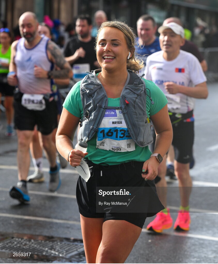 29 October 2023; Maggie Webb during the 2023 Irish Life Dublin Marathon. Thousands of runners took to the Fitzwilliam Square start line, to participate in the 42nd running of the Dublin Marathon. Photo by Ray McManus/Sportsfile