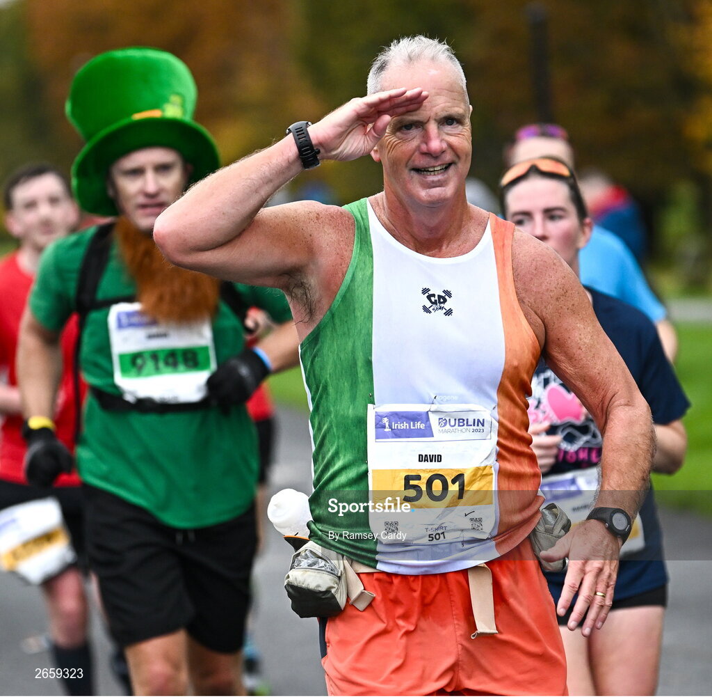 29 October 2023; David Patrick McGillan during the 2023 Irish Life Dublin Marathon. Thousands of runners took to the Fitzwilliam Square start line, to participate in the 42nd running of the Dublin Marathon. Photo by Ramsey Cardy/Sportsfile